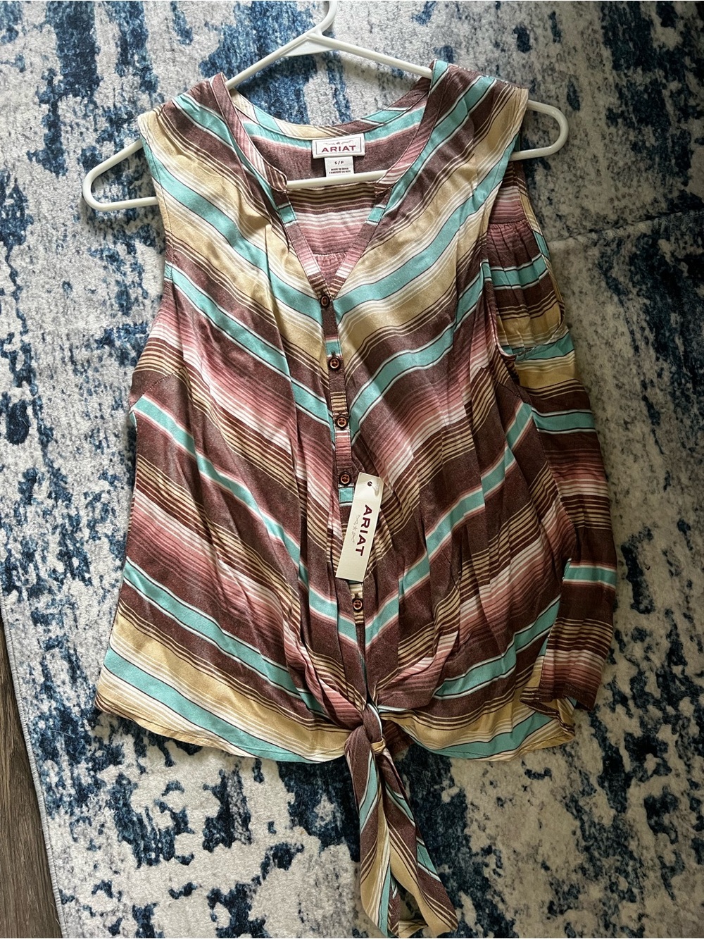 Ariat Striped Tie-Front Sleeveless Camisole in Brown, Teal & Cream